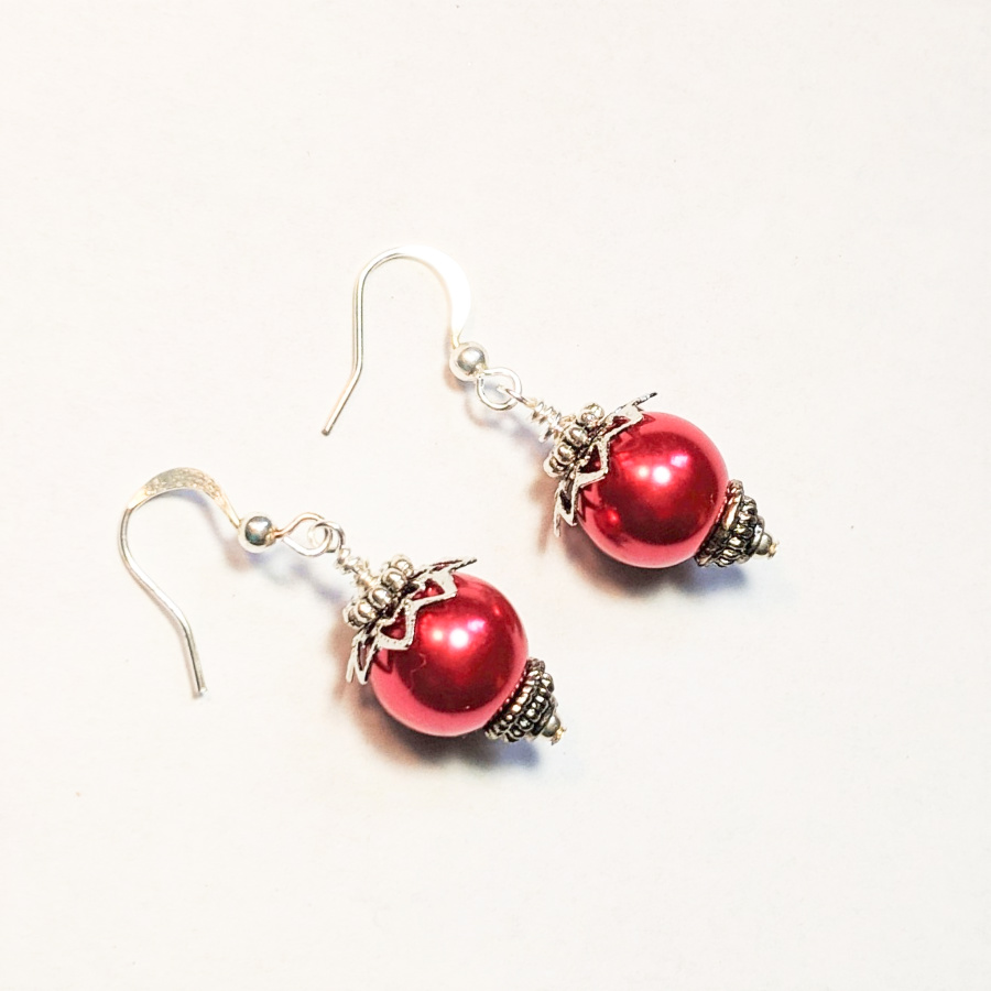Red Ornament Earrings with Silver Accents